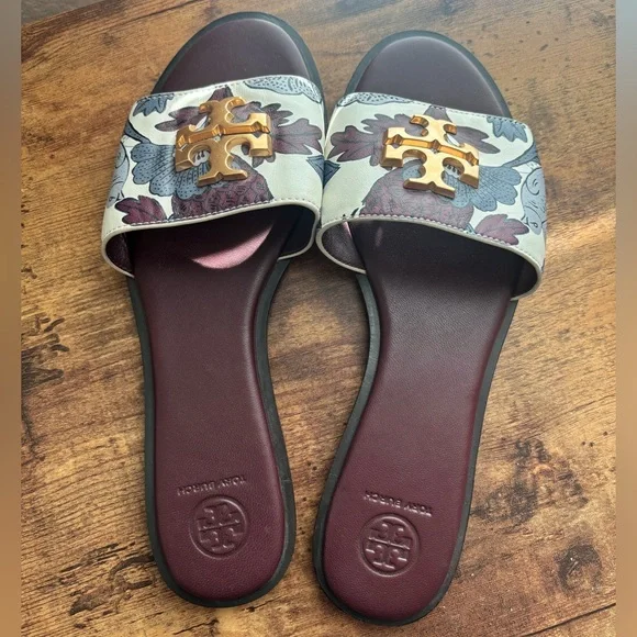Tory Burch Floral Slide Sandals Size 9 Logo Hardware Burgundy Leather - Picture 5 of 5